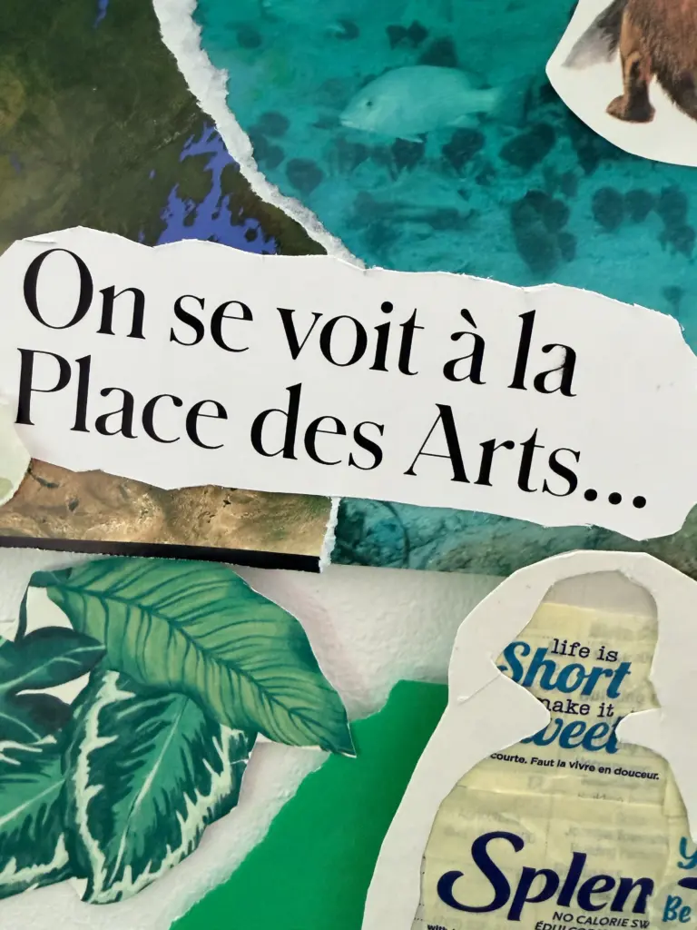 Détail d’un collage où le texte « On se voit à la Place des Arts... » est entouré d’images d’eau, de végétation et de fragments découpés.