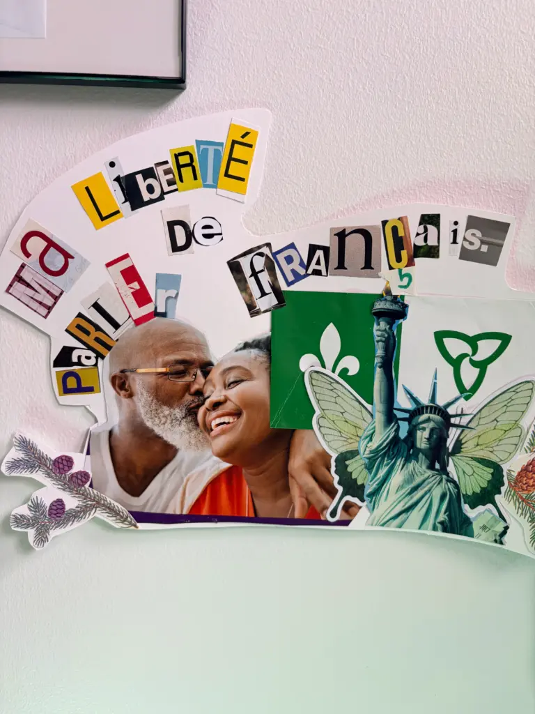 Collage associant les mots « Liberté de parler français », un couple, la Statue de la Liberté et des symboles franco-ontariens.