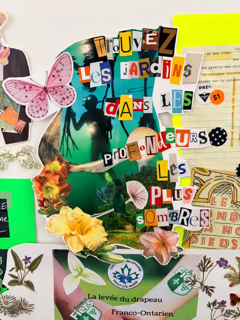 Gros plan d'un collage avec des papillons, des fleurs et des lettres découpées formant le texte « Trouvez les jardins dans les profondeurs les plus sombres » au-dessus d'un logo franco-ontarien.