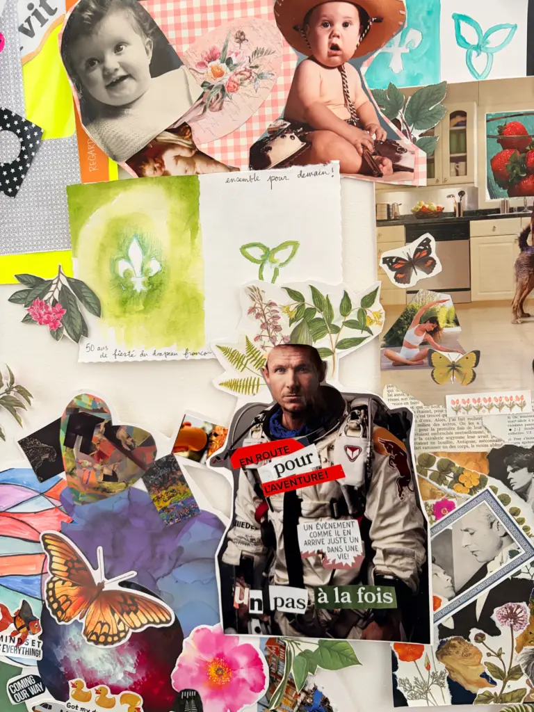 Gros plan d'un collage artistique mêlant des portraits d'enfants, un astronaute, un lys vert, un papillon et les mots « en route pour l'aventure! » et « un pas à la fois ».