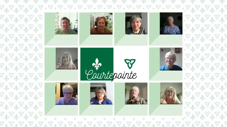 Montage documentaire des rencontres virtuelles ayant nourri Courtepointe, autour du titre de l’œuvre et des symboles du drapeau franco-ontarien.
