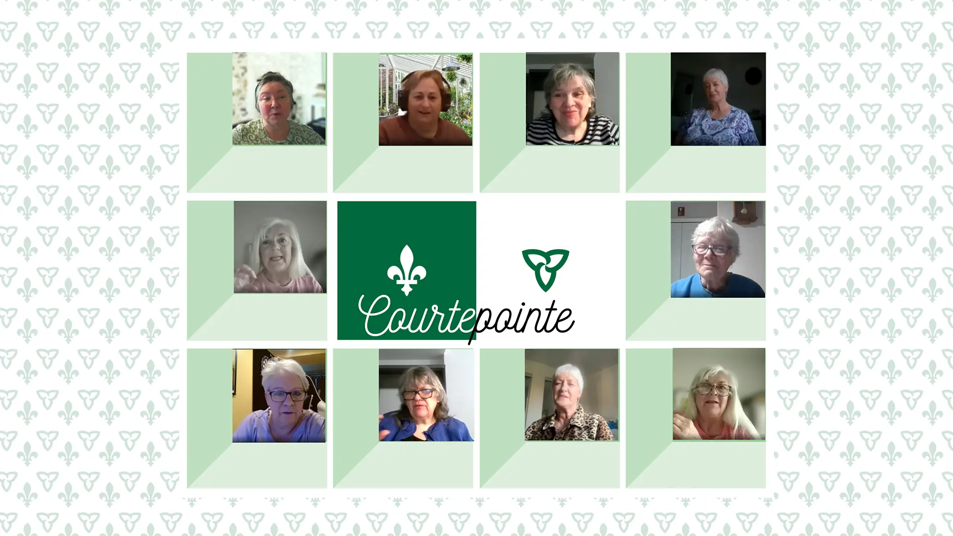 Montage documentaire des rencontres virtuelles ayant nourri Courtepointe, autour du titre de l’œuvre et des symboles du drapeau franco-ontarien.