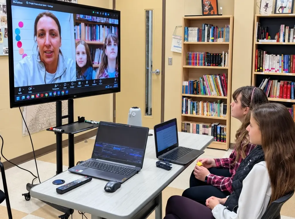 Deux jeunes filles assises devant un grand écran de télévision affichant un appel vidéo avec une femme lors d'une entrevue à distance.