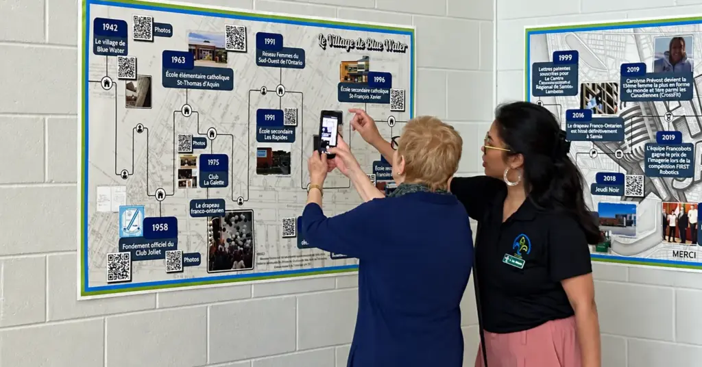 Deux femmes devant l'affiche chronologique « Le Village de Blue Water », l'une d'elles utilisant son téléphone pour scanner l'affiche.